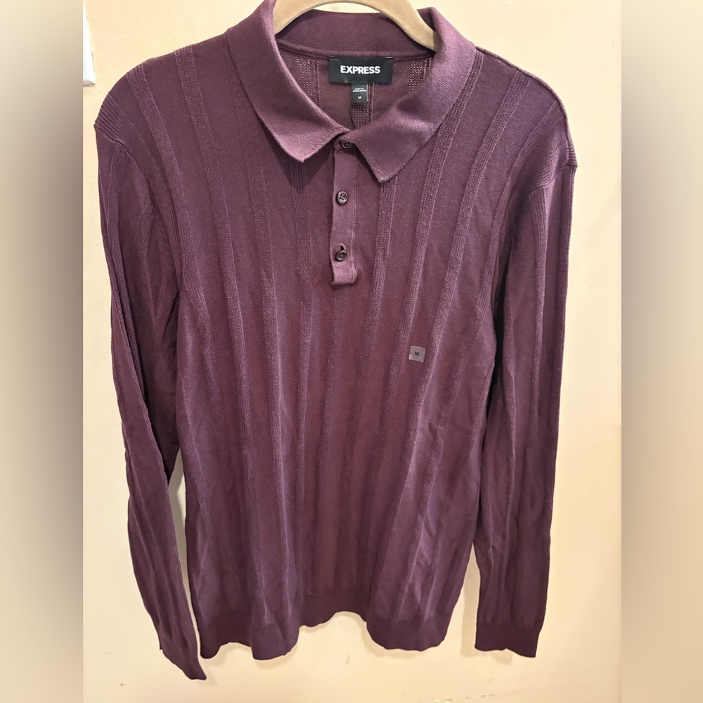 NWT Express Men’s Textured Long Sleeve Polo Shirt Dark Plum Size Medium